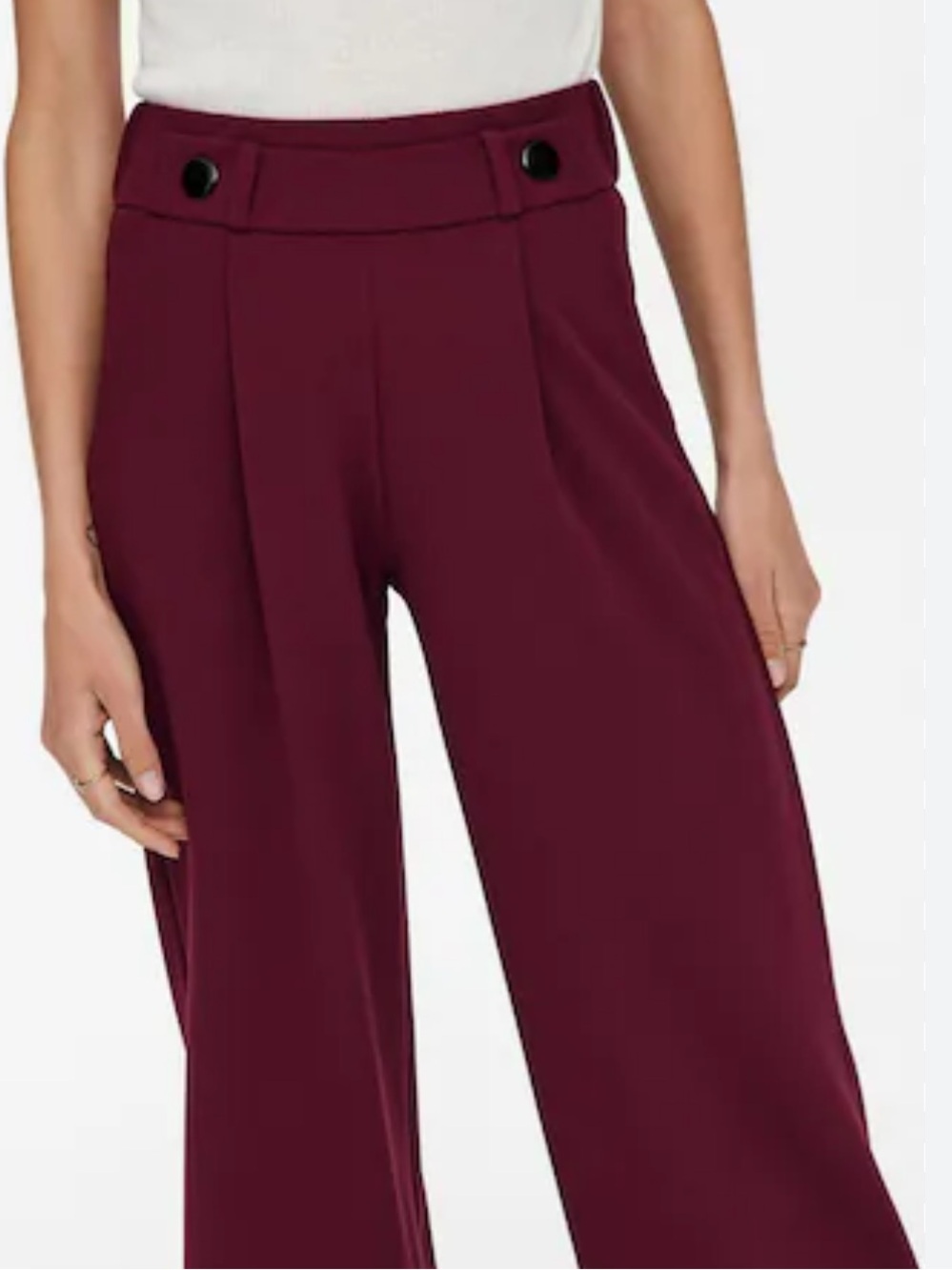 Maroon wide leg pleated trousers with button detail